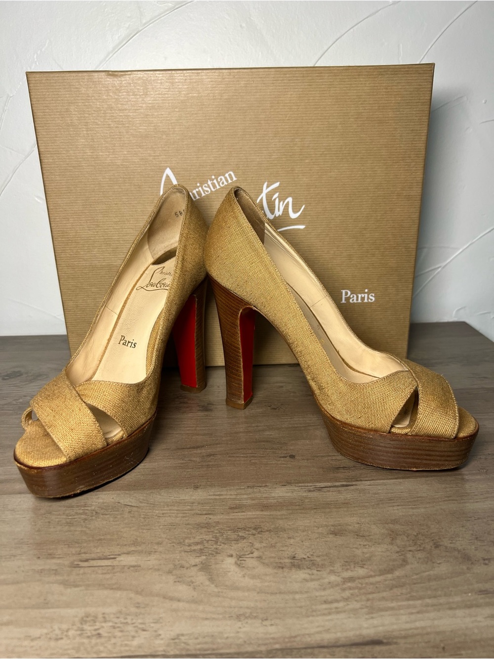 37.5 Christian Louboutin nude canvas Open-Toe Platform Pumps